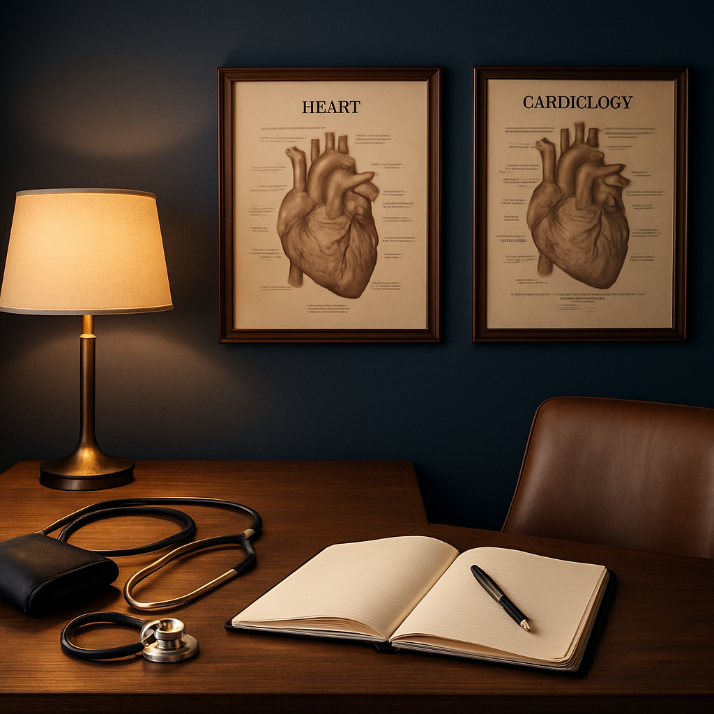Cardiology consultation office with medical notes and equipment