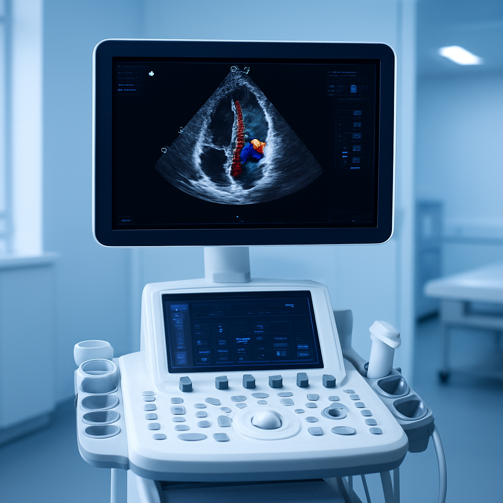 Cardiac echocardiography ultrasound machine displaying heart scan