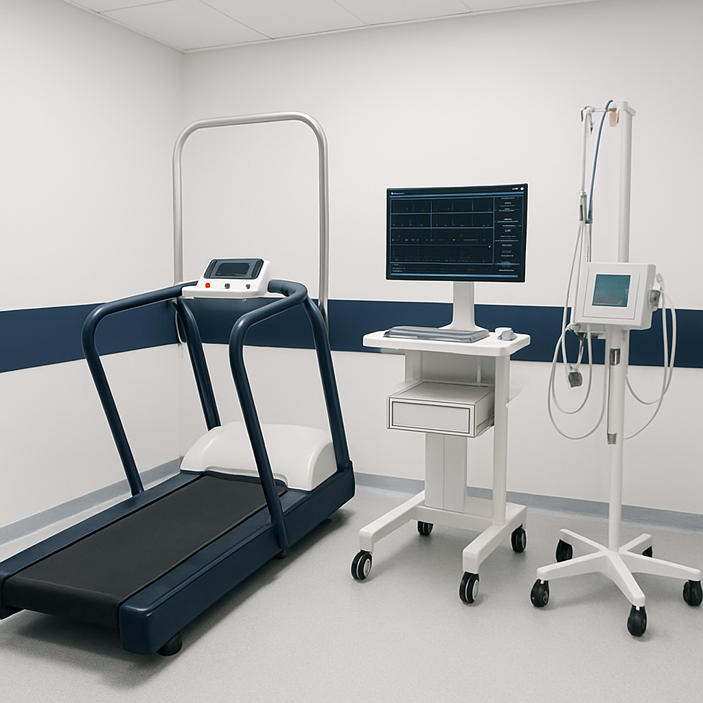 Medical treadmill stress testing equipment in a cardiology lab